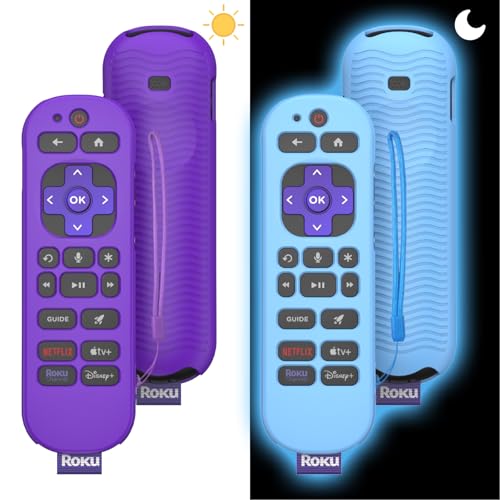 Wacanc [2 Pcs] Silicone Remote Case Cover for Roku Voice Remote Pro (2nd Ed.), Anti Slip Shockproof Remote Protective Sleeve for RCB1R(2024), Remote Protective Cover Case with Lanyard (Purple+Glow Blue) - Image 1