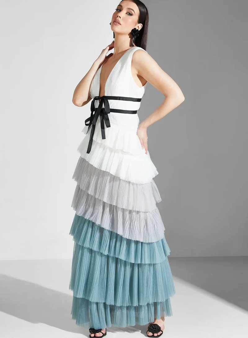 True Decadence Color Block Ruffle Plunge Belted Dress