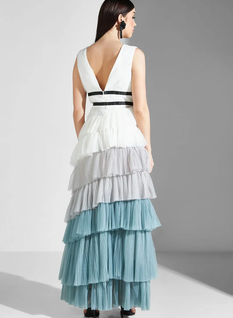 True Decadence Color Block Ruffle Plunge Belted Dress