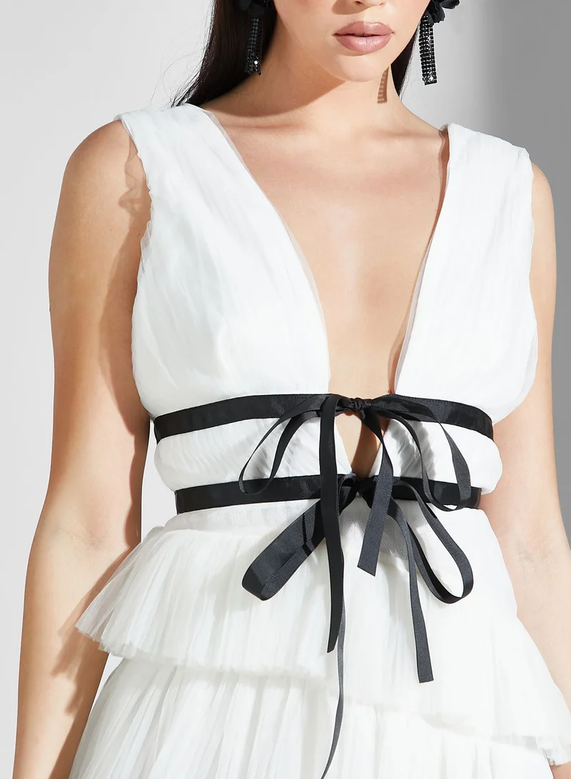 True Decadence Color Block Ruffle Plunge Belted Dress