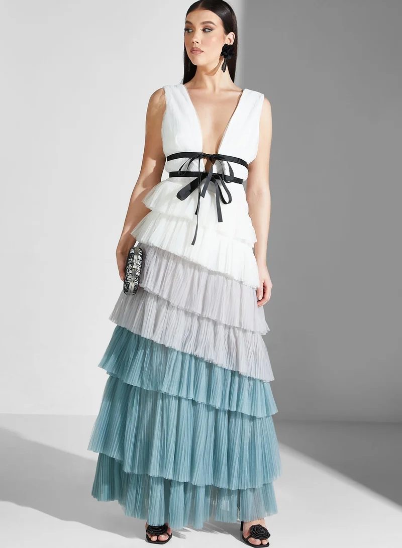 True Decadence Color Block Ruffle Plunge Belted Dress