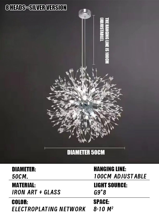 8 Head Silver Dandelion Crystal Ceiling Lamp G9 LED 3000K Living Room Bedroom Dining Room Lamps - Image 3