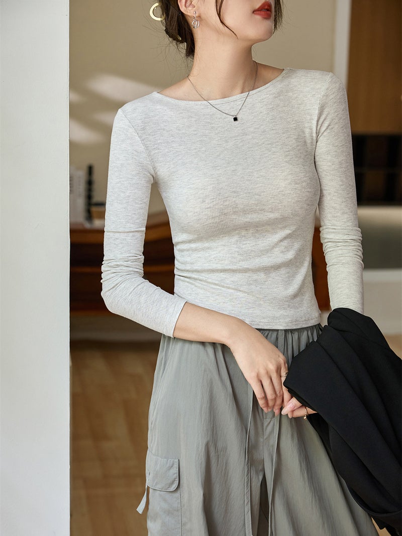 # Select High-Quality Products # One-Word Small Round Neck Slim Fit T-Shirt Women'S Long-Sleeved 2025 Autum New Inner Layering Shirt - Image 3