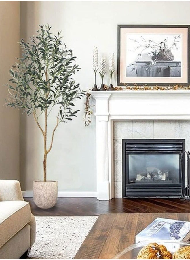 FPC - Artificial Olive Tree Tall Fake Potted Olive Silk Tree with Planter Large Faux Olive Branches and Fruits Artificial Tree for Modern Home Office Living Room Floor Decor Indoor With White Basin - Image 1