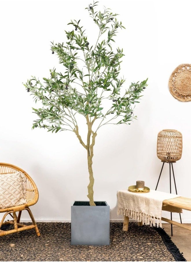 FPC - Artificial Olive Tree Tall Fake Potted Olive Silk Tree with Planter Large Faux Olive Branches and Fruits Artificial Tree for Modern Home Office Living Room Floor Decor Indoor With White Basin - Image 1