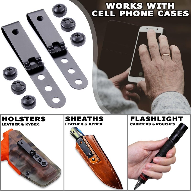 HolsterSmith [2 Pack] Universal Metal Belt Clip for Holster Making, Knife Sheaths, Cell Phone Cases - (3-Hole) - (Tactical Black) - USA - Image 2