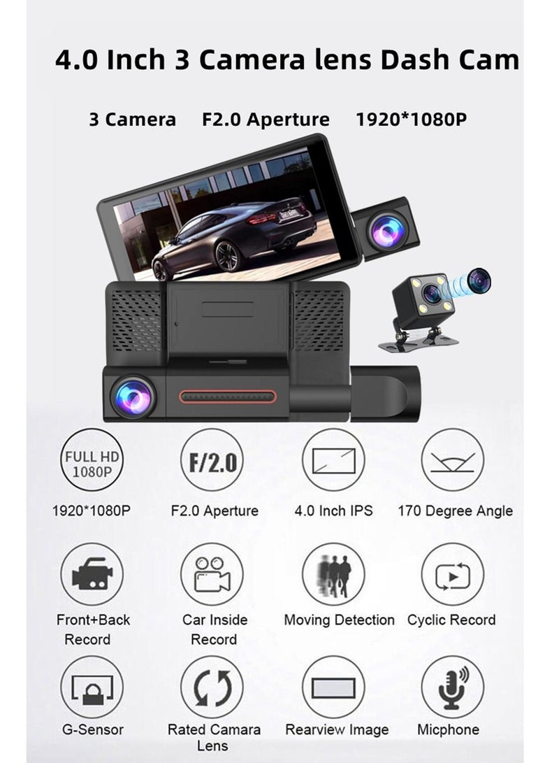 Generic 3 Channel Dash Cam Front and Rear Inside, 4 Inch 1080P Dash Camera for Cars Three Way Triple Car Camera - Image 3
