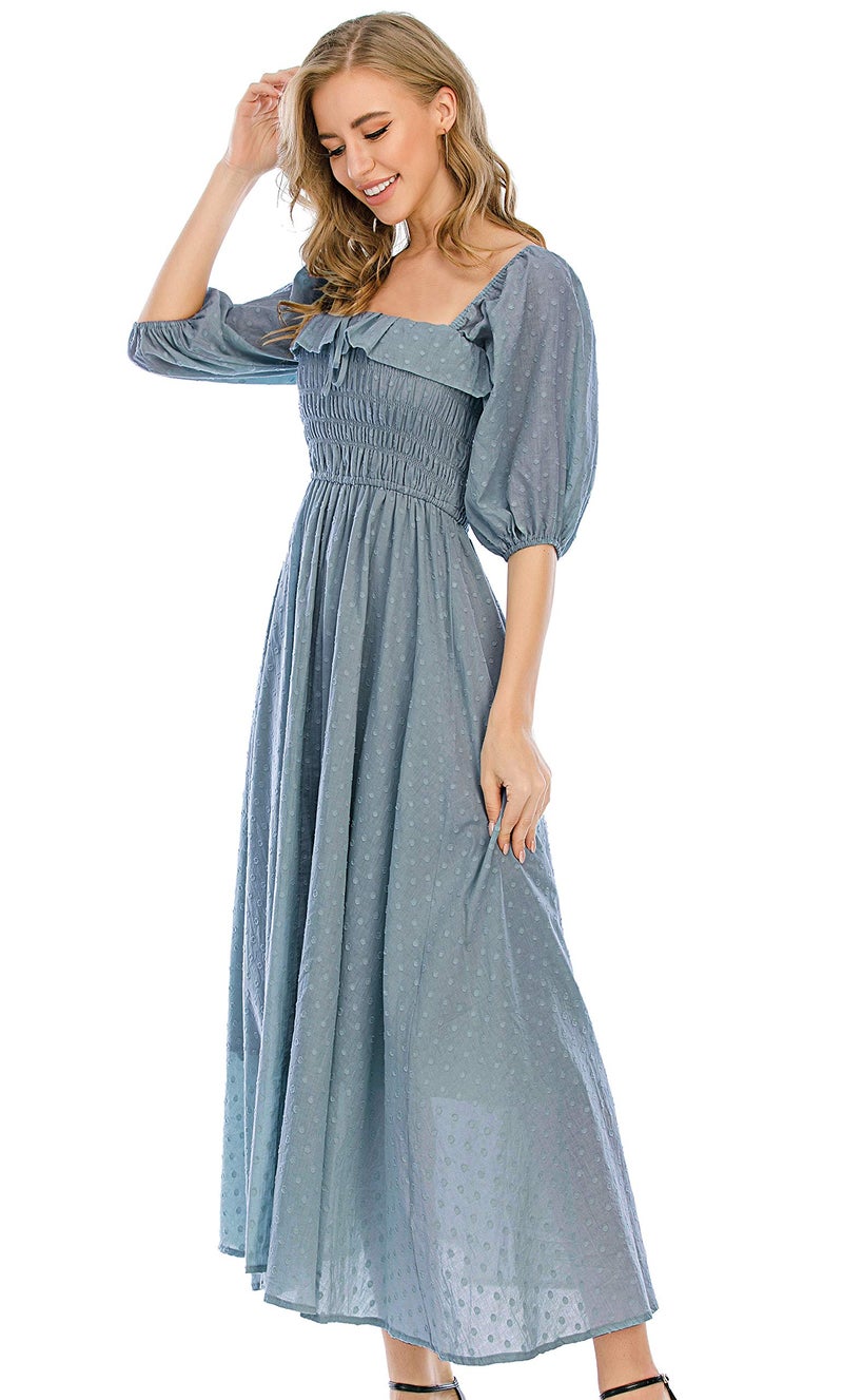 R.Vivimos Women Summer Half Sleeve Cotton Ruffled Vintage Elegant Backless A Line Flowy Long Dresses (Medium, Haze Blue-1) - Image 3