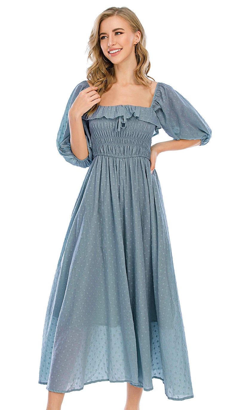 R.Vivimos Women Summer Half Sleeve Cotton Ruffled Vintage Elegant Backless A Line Flowy Long Dresses (Medium, Haze Blue-1) - Image 2