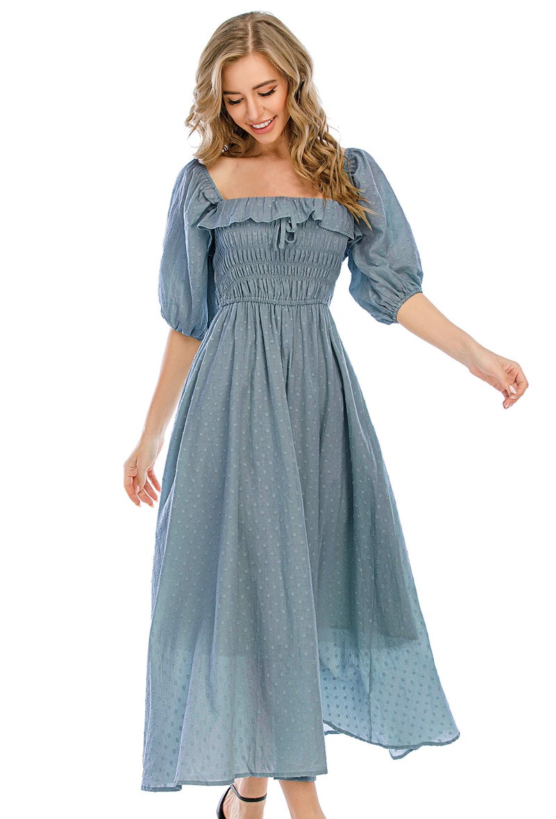 R.Vivimos Women Summer Half Sleeve Cotton Ruffled Vintage Elegant Backless A Line Flowy Long Dresses (Medium, Haze Blue-1) - Image 1