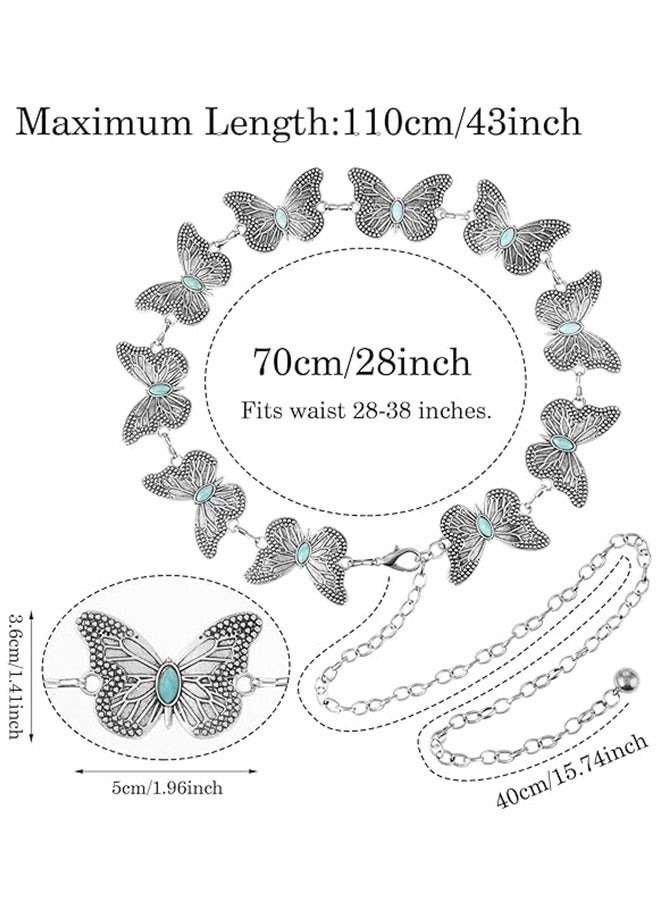 Butterfly Metal Waist Chain Belt, Women Western Belt Adjustable Link Belt Turquoise Waist Belt for Dress Jeans