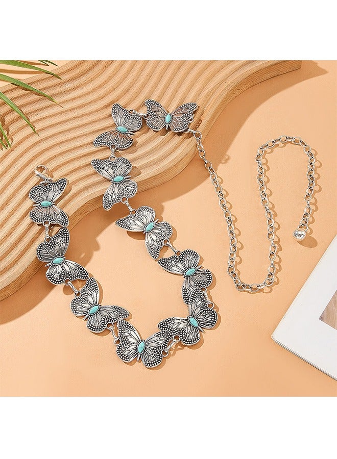 Butterfly Metal Waist Chain Belt, Women Western Belt Adjustable Link Belt Turquoise Waist Belt for Dress Jeans