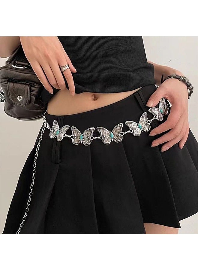 Butterfly Metal Waist Chain Belt, Women Western Belt Adjustable Link Belt Turquoise Waist Belt for Dress Jeans