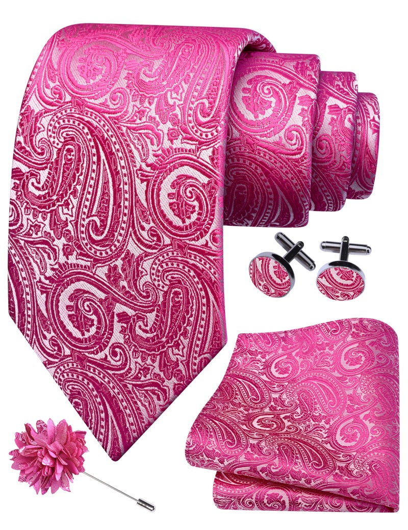GUSLESON Hot Pink Tie for Men Wedding Silk Paisley Necktie Pocket Square Cufflinks and Lapel Pin Brooch Set (IN6103-40) - Image 1
