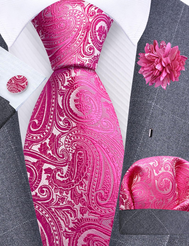 GUSLESON Hot Pink Tie for Men Wedding Silk Paisley Necktie Pocket Square Cufflinks and Lapel Pin Brooch Set (IN6103-40) - Image 2