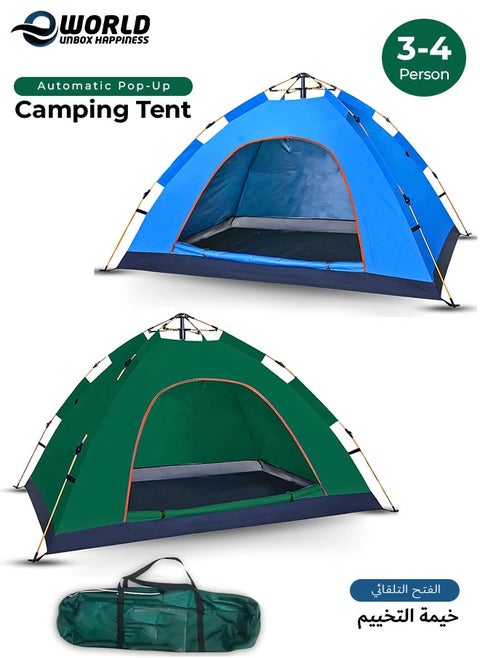 Automatic Pop-Up Camping Tent, 3-4 Person Waterproof Folding Tent in Assorted Colors, Quick Setup with Door, Sun and Rain Protection, Lightweight and Portable for Hiking, Beach, Backpacking and Travel