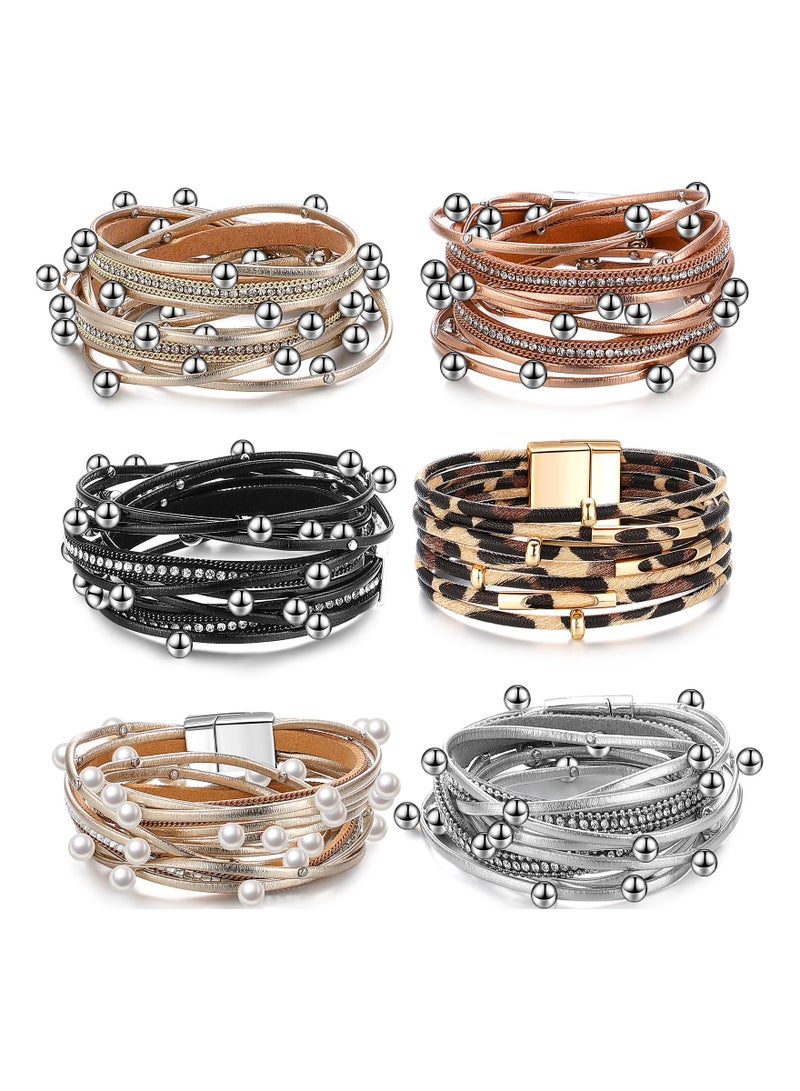 KASTWAVE 6 Pcs Leather Wrap Bracelets for Women, Multi Layer Bohemian Cuff Bracelets Stack Bracelets, Handmade Clasp Bangle Bracelet, Jewelry Gift for Ladies and Mother - Image 1