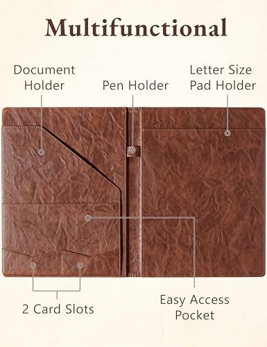Mymazn Padfolio Portfolio Folder, Faux Leather Interview Resume Folder with Document Organizer & Business Card Holder, Letter-Sized Notepad Legal Pad Holder for Men Women (Brown) - Image 3