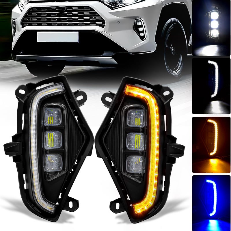 OKSIWA LED Fog Lights with 3 Colors DRL for Toyota Rav4 2019-2025, White LED Daytime Running light, Amber Turn Signal,Blue Lights for Nights, Fog Lamp Assembly kit with Bezel,Include Wiring Harness - Image 1