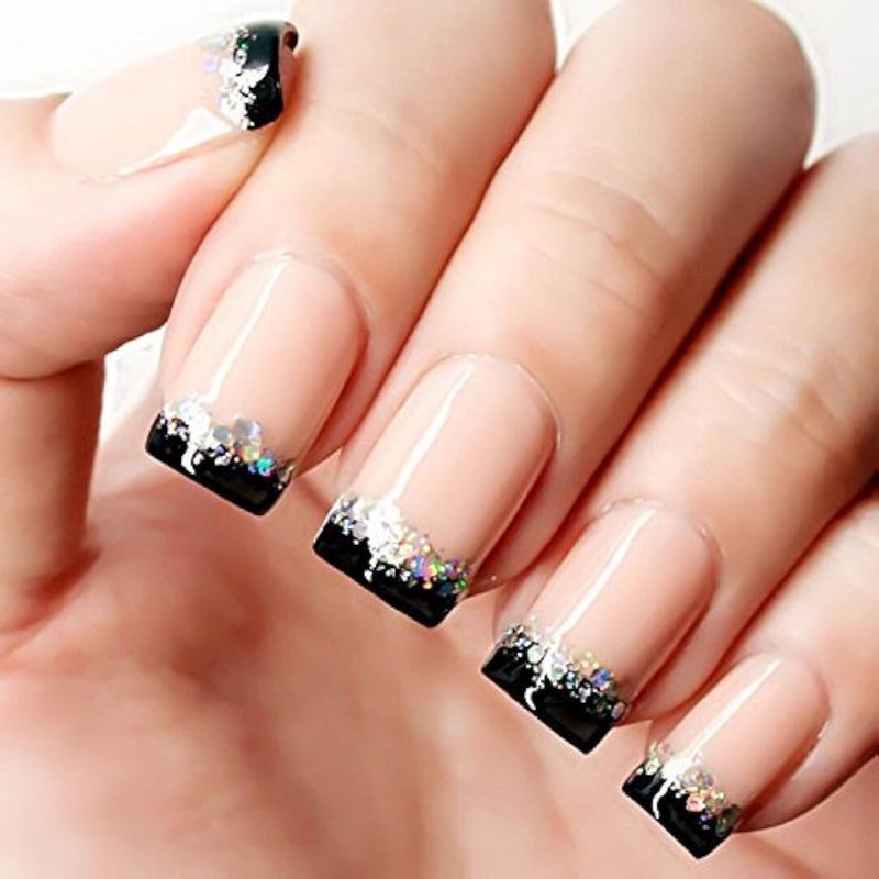 YUNAI French Fake Nail Nude Nails with Black and Glitter Top Artificail Nails for Daily Wear Medium Size False Nails