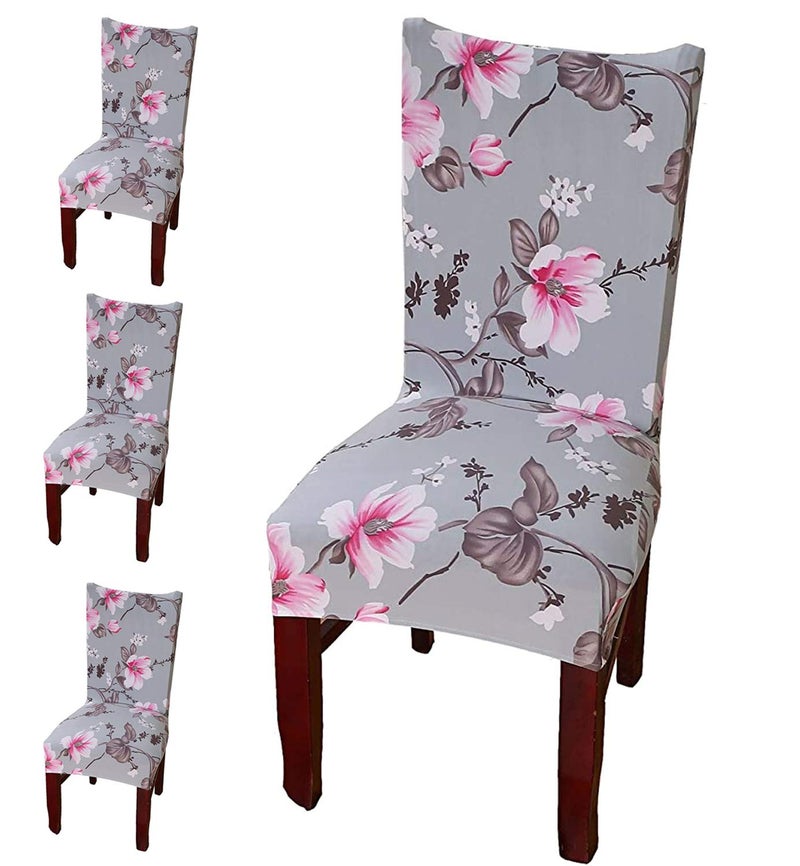 Styleys Elastic Chair Cover Stretchable Removable Washable Dining Chair Cover Protector Seat Slipcover (4 Chair Cover, SLMC108 Grey/Pink Flower), Polyester;Polyester Blend - Image 1