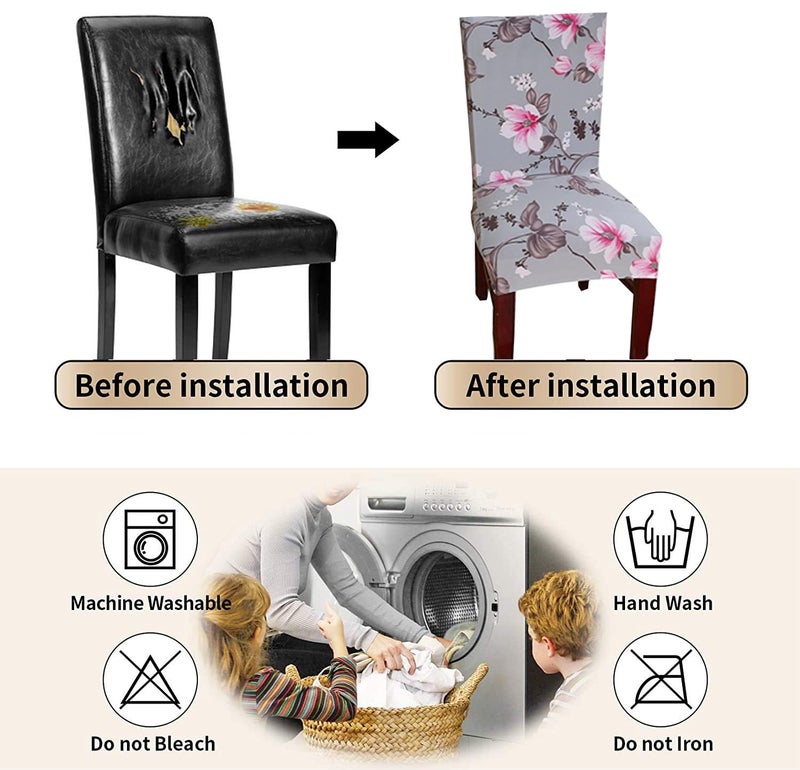 Styleys Elastic Chair Cover Stretchable Removable Washable Dining Chair Cover Protector Seat Slipcover (4 Chair Cover, SLMC108 Grey/Pink Flower), Polyester;Polyester Blend - Image 3