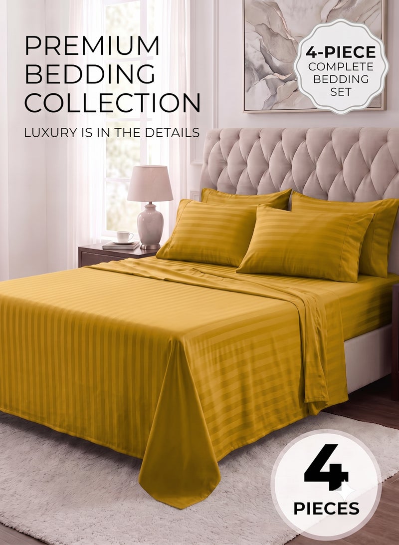 ZEESQUARE Luxury 4-Piece Gold Striped Bed Sheet Set | Hotel Collection Bedding Set with Flat Sheet, Fitted Sheet & 2 Pillow Covers | Soft Breathable Microfiber Bedding for King Size Bed | Premium Luxury Bedroom Bedding - Image 1