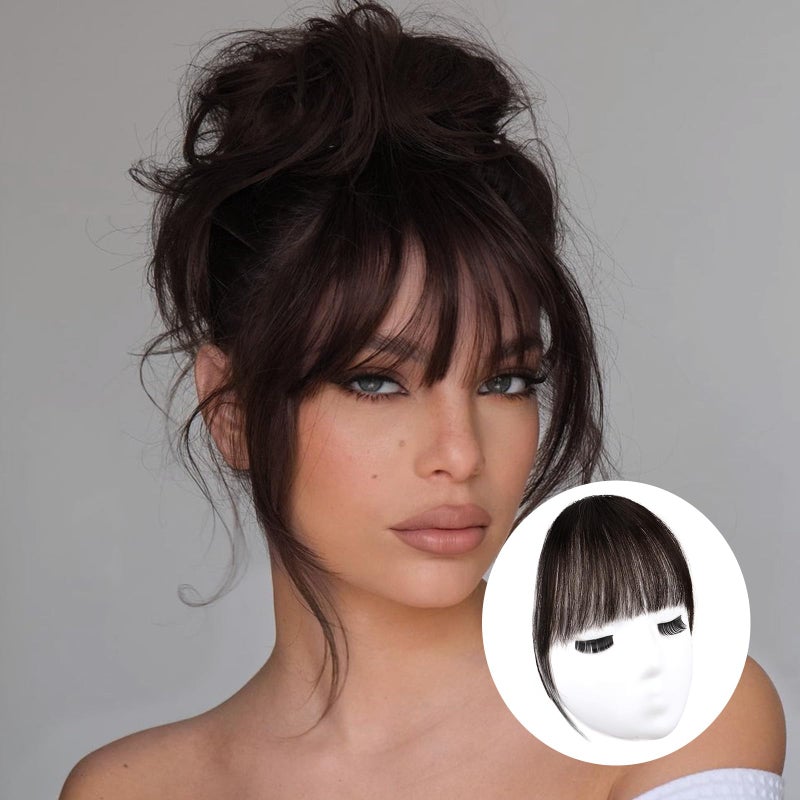 forfeels Bangs Hair Clip Dark Brown Clip in Bangs 100 Human Remy Hair Bangs Wispy Clip on Hair Extensions Fringe with Temples Hairpieces for Women