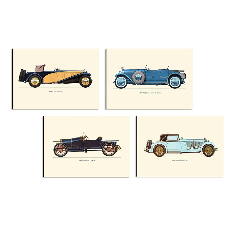 PAPER PLANE DESIGN Vintage Car Wall Decor Framed Posters Set of 4, A4 Size (Vintage Car) Multicolor - Image 4