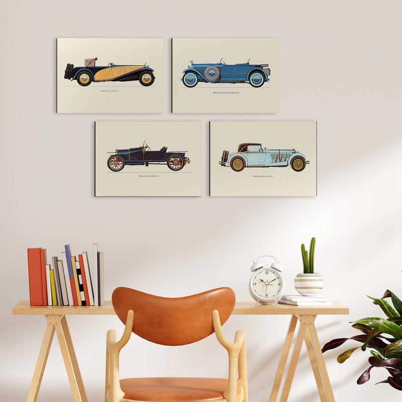 PAPER PLANE DESIGN Vintage Car Wall Decor Framed Posters Set of 4, A4 Size (Vintage Car) Multicolor - Image 2