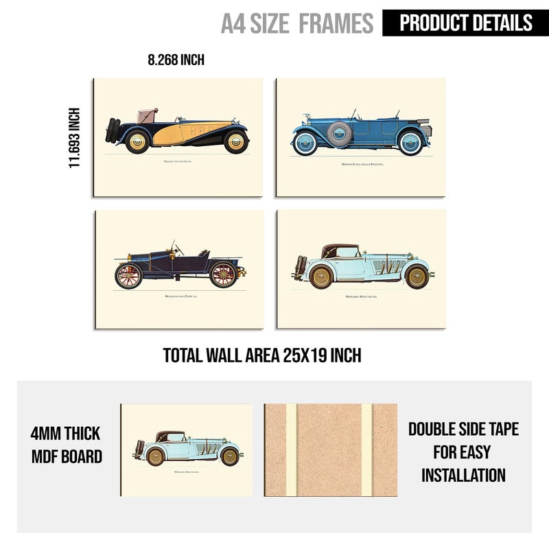 PAPER PLANE DESIGN Vintage Car Wall Decor Framed Posters Set of 4, A4 Size (Vintage Car) Multicolor - Image 5