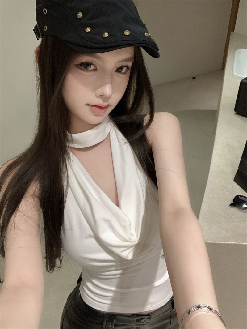 Pure Spice Girl Hanging Neck Swing Collar Vest Women'S Summer Tight Waist Slimming Design Sense Short Top - Image 3