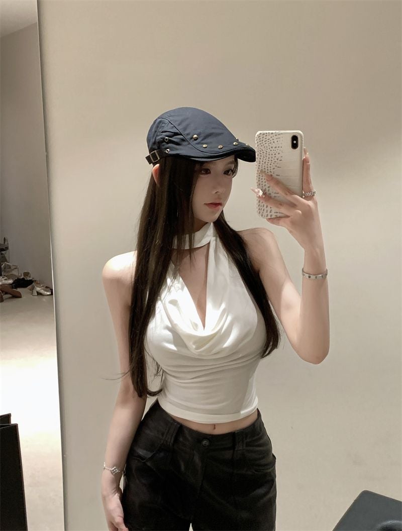 Pure Spice Girl Hanging Neck Swing Collar Vest Women'S Summer Tight Waist Slimming Design Sense Short Top - Image 5