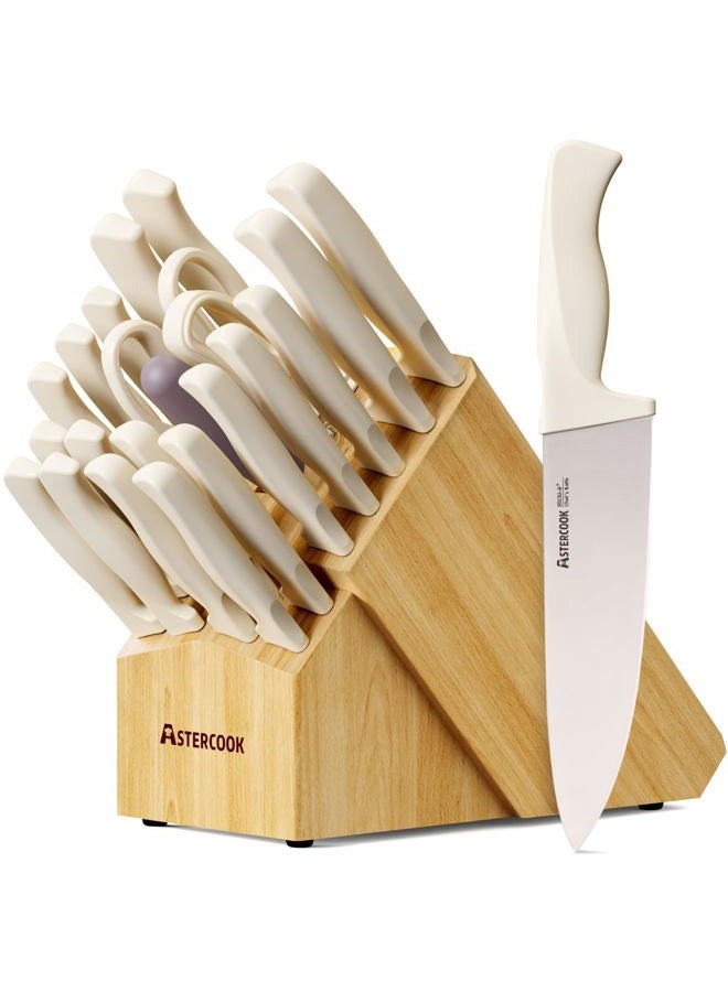 Astercook Knife Set, Astercook 22-Piece Kitchen Knife Set with Block & Built-in Sharpener, Ultra-Sharp High Carbon Stainless Steel Knives, Dishwasher Safe, Ergonomic Anti-slip Handle, Cream White - Image 1