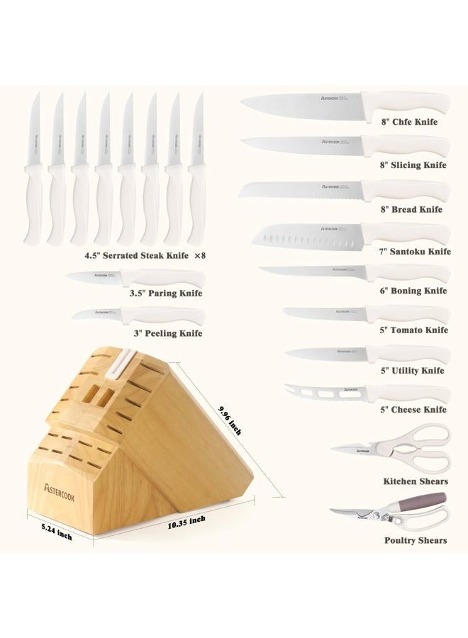 Astercook Knife Set, Astercook 22-Piece Kitchen Knife Set with Block & Built-in Sharpener, Ultra-Sharp High Carbon Stainless Steel Knives, Dishwasher Safe, Ergonomic Anti-slip Handle, Cream White - Image 3