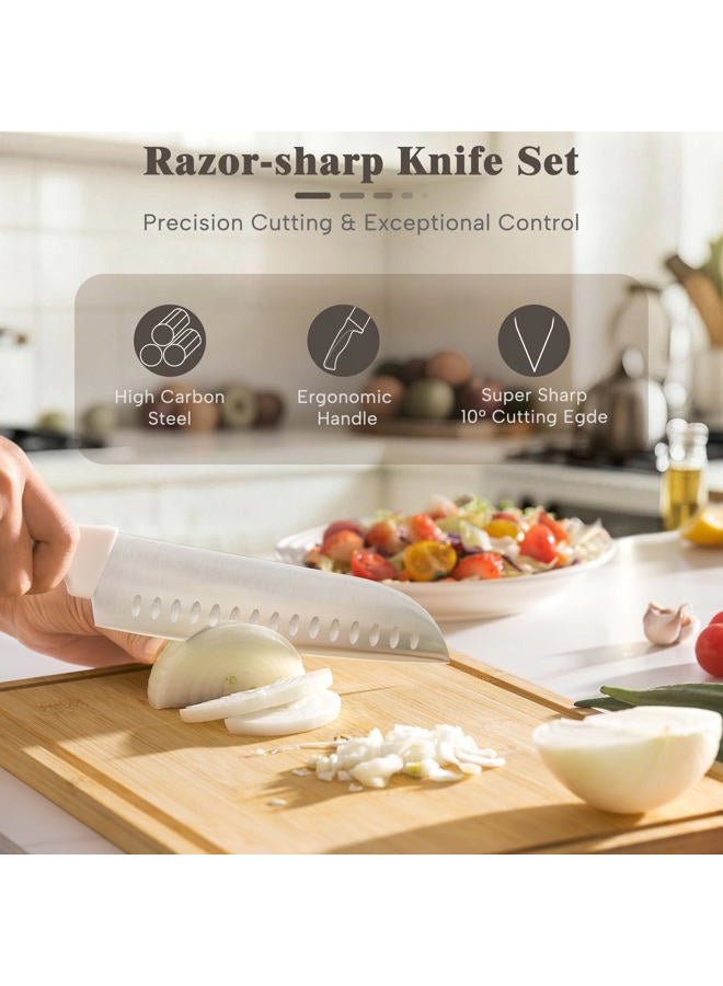 Astercook Knife Set, Astercook 22-Piece Kitchen Knife Set with Block & Built-in Sharpener, Ultra-Sharp High Carbon Stainless Steel Knives, Dishwasher Safe, Ergonomic Anti-slip Handle, Cream White - Image 4