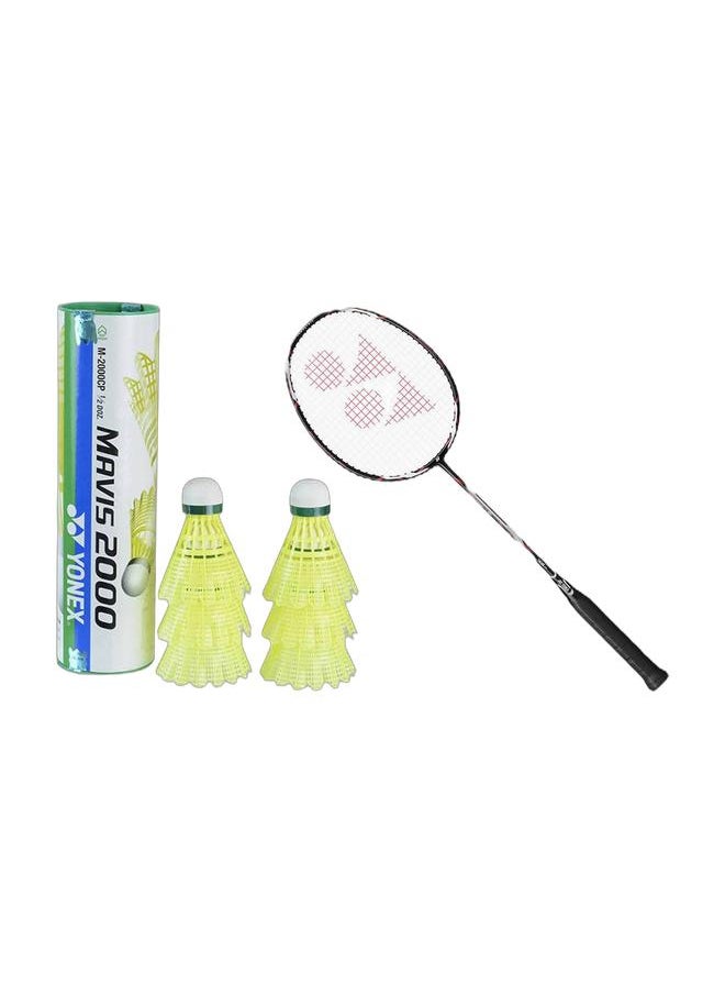 Yonex Voltric 0F Black Red 4U G5 Racket + Mavis 2000 Green Cap Slow Badminton Shuttlecock 6 Pack, Yellow Pack  - Image 1