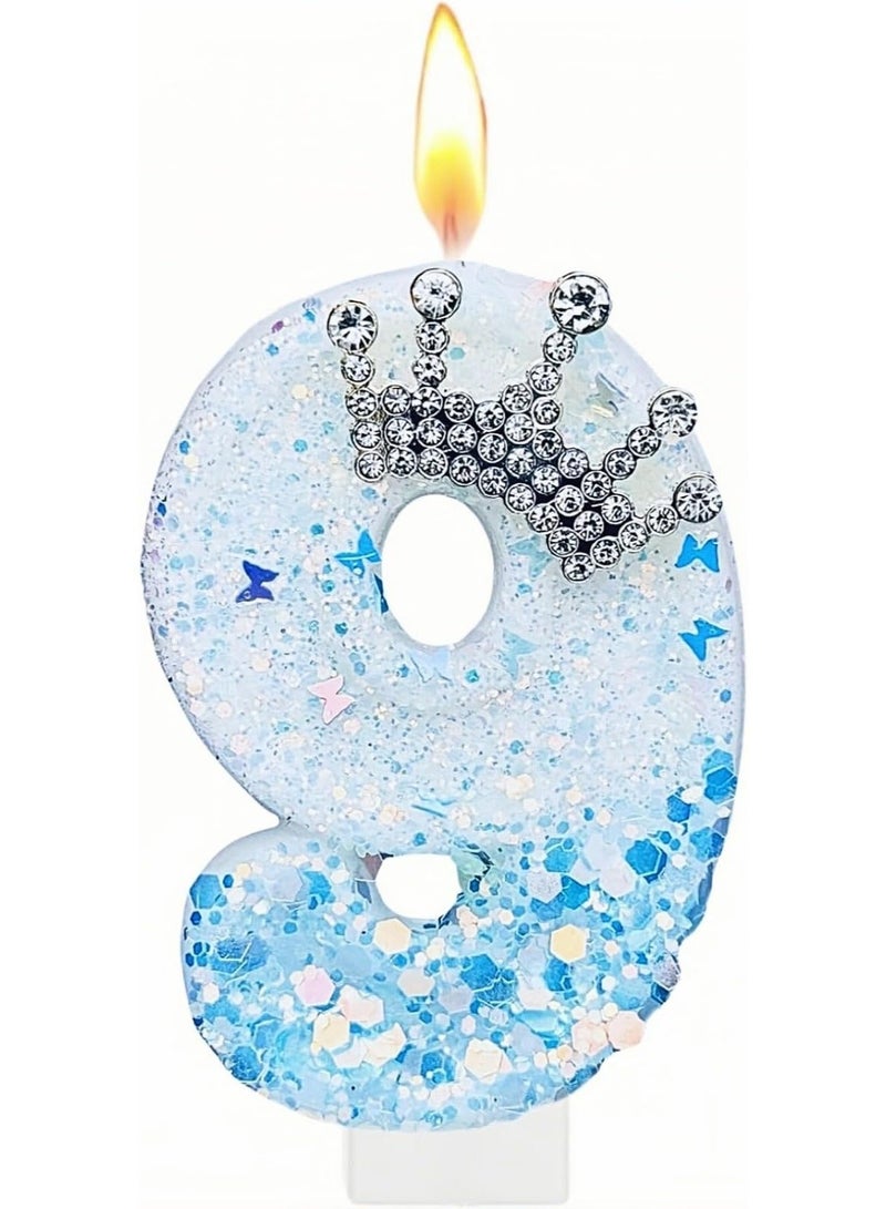 Blue Birthday Number 9 Candle for Cake, Blue Crown Cake Topper Princess Birthday Party Decorations Cupcake Topper Party Favors Decor Supplies - Image 1