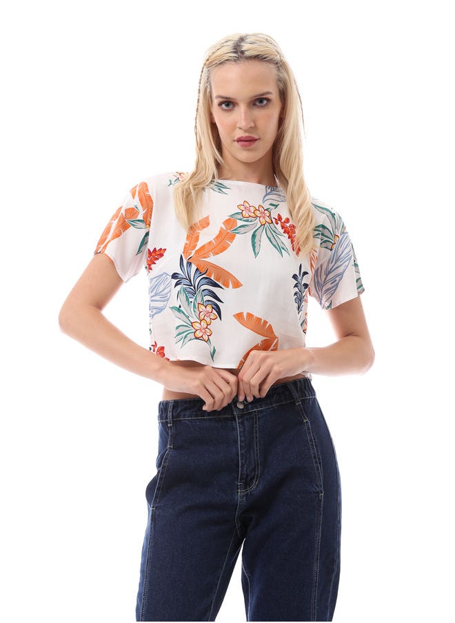 RAVIN - White Cropped Blouse with Crew Neck - Image 1
