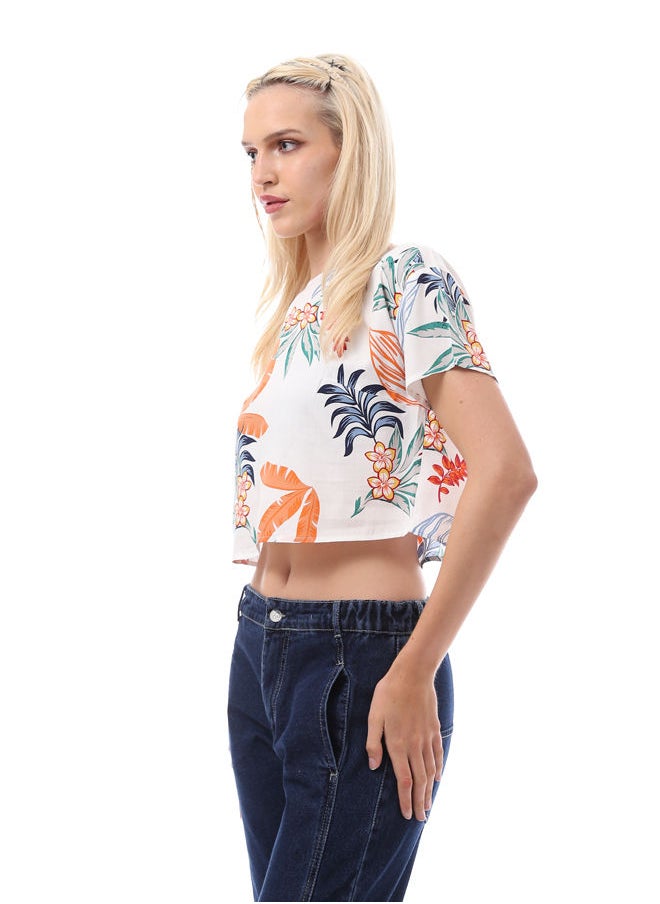 RAVIN - White Cropped Blouse with Crew Neck - Image 1