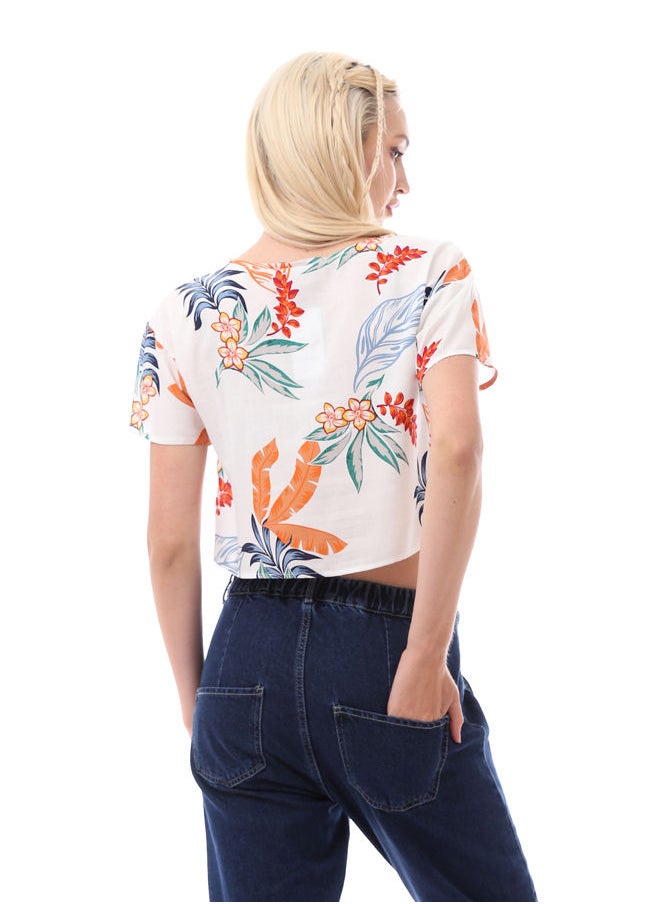 RAVIN - White Cropped Blouse with Crew Neck - Image 1