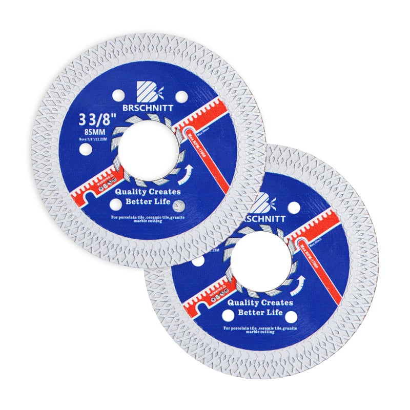 BRSCHNITT Super Thin Diamond Porcelain Saw Blade with X TeethBRSCHNITT 2pcs 338 Inch 85mm x Arbor 784558 Angle Grinder Diamond Cutting Disc for DryWet Cutting Porcelain Tile Ceramic Marble Granite - Image 2