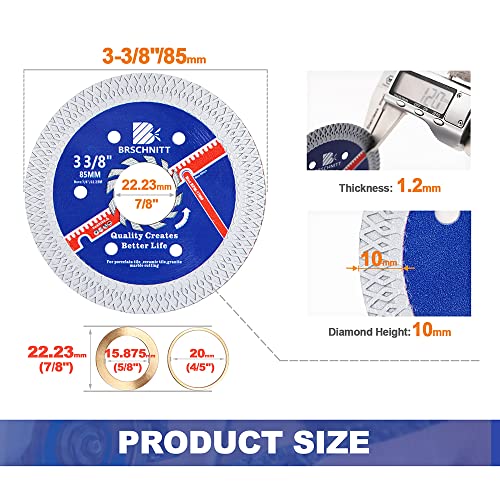 BRSCHNITT Super Thin Diamond Porcelain Saw Blade with X TeethBRSCHNITT 2pcs 338 Inch 85mm x Arbor 784558 Angle Grinder Diamond Cutting Disc for DryWet Cutting Porcelain Tile Ceramic Marble Granite - Image 3