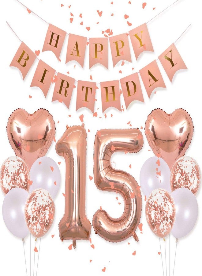 EASUTE 40Inch 15 Balloons Number Birthday Decorations, 15th Birthday Decorations for Girls with Rose Gold Banner Confetti Balloons 1" in Diameter Heart Confetti for 15 Birthday Party Supplies Photo Props - Image 1