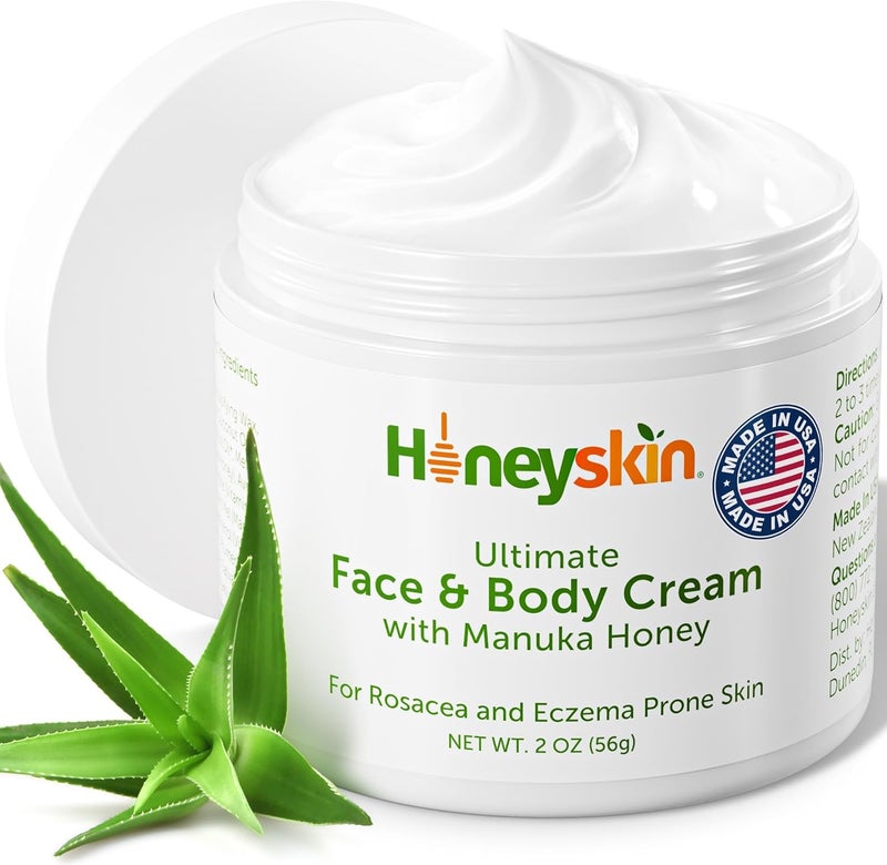 Honeyskin Hydrating Face Moisturizer & Body Cream with Manuka Honey Cream - Organic Face Moisturizer & Body Lotion for Extremely Dry Skin - for Dry & Itchy Skin, Rosacea & Eczema Prone Skin (Original, 2oz)