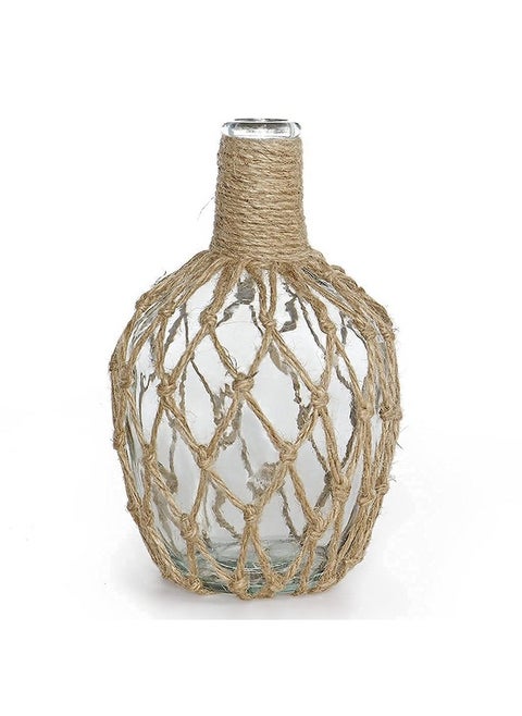 Glass Jug With Twine 10" Tall Flower Vase With Rope Net Decorative Bottle Vase For Dining Room Bedroom Bathroom Mantel