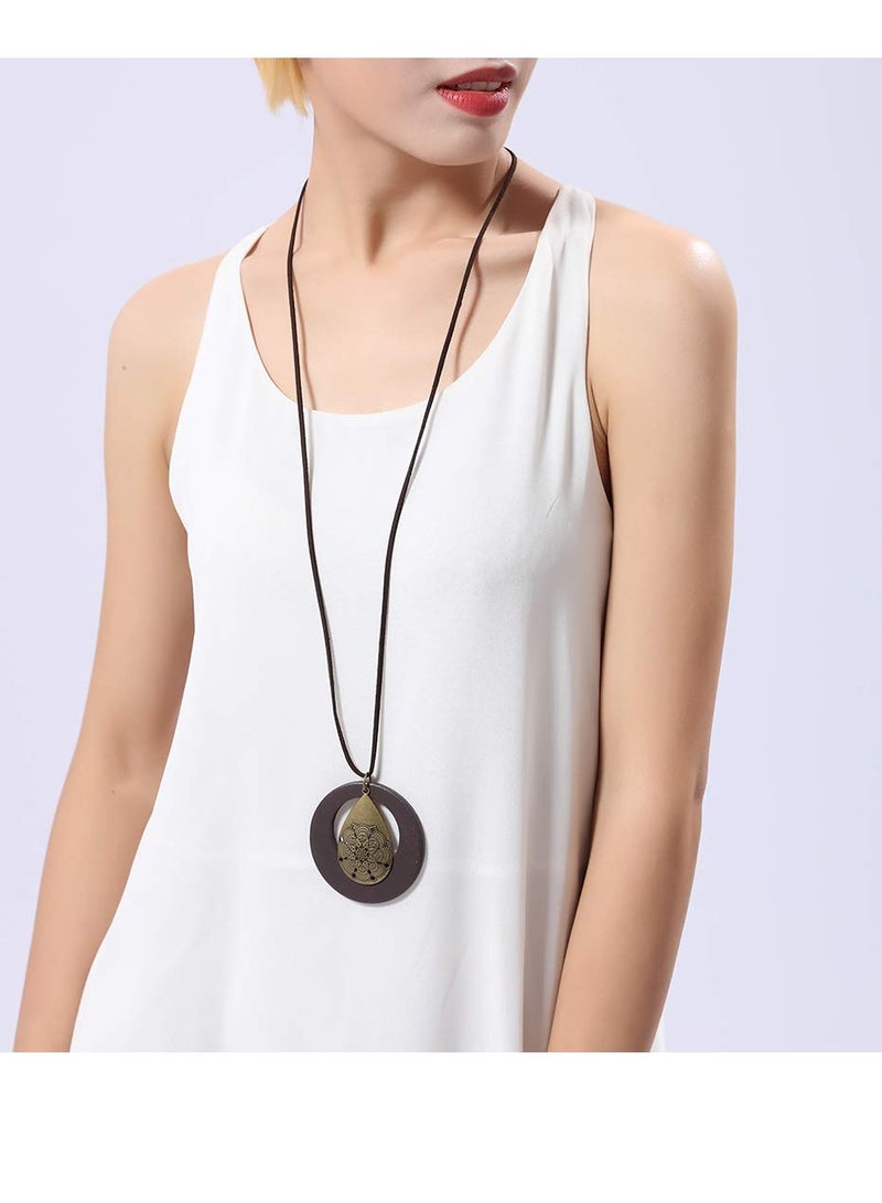 KASTWAVE Womens Pendant Necklace Wood Handmade Jewelry Long Rope Sweater Necklace for Woman Gift,Vintage Style Women, Jewelry,Wood Waterdrop Alloy Pendant Sweater Chain - Image 4