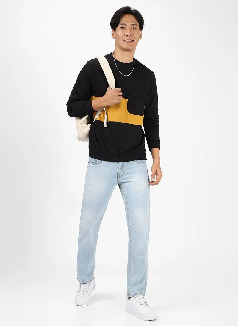Urbano Fashion  Urbano Fashion Men's Black Cotton Color Block Round Neck Sweatshirt for Men | Best Price UAE