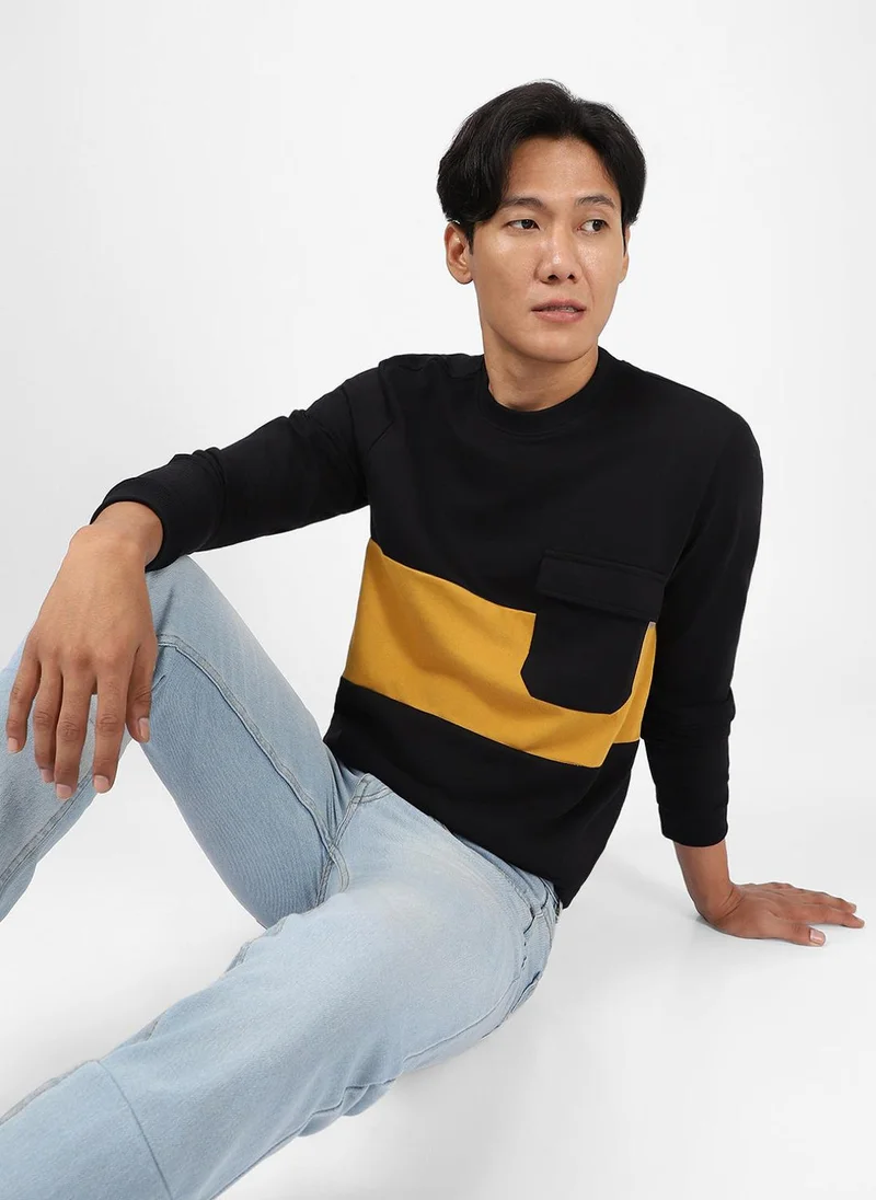 Urbano Fashion  Urbano Fashion Men's Black Cotton Color Block Round Neck Sweatshirt for Men | Best Price UAE