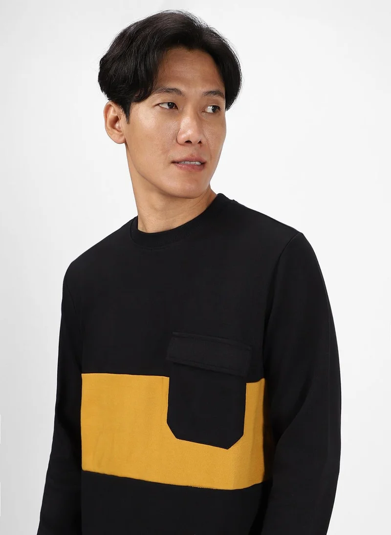 Urbano Fashion  Urbano Fashion Men's Black Cotton Color Block Round Neck Sweatshirt for Men | Best Price UAE